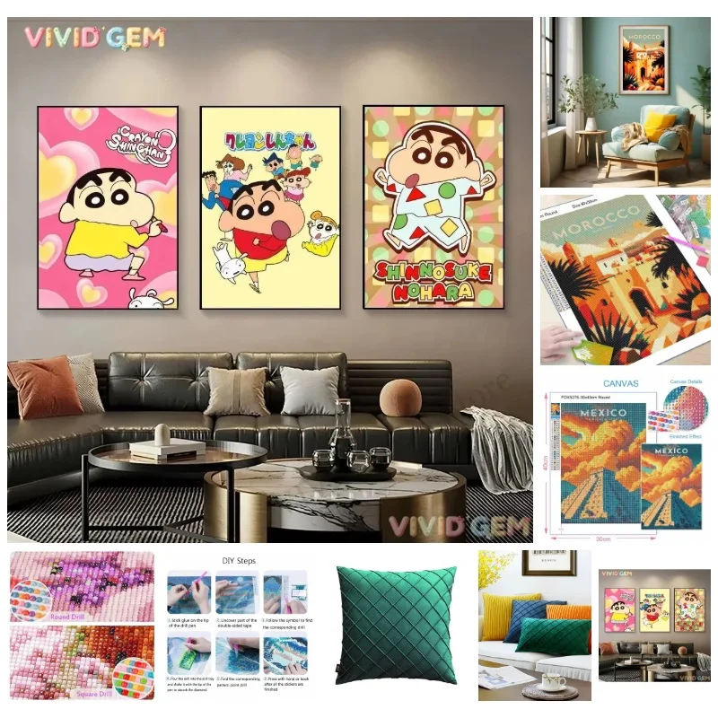Crayon Shinchan Anime 5D Full Round Drill Diamond Painting Trio Set Mosaic Embroidery Art Home Wall Decor DIY Craft