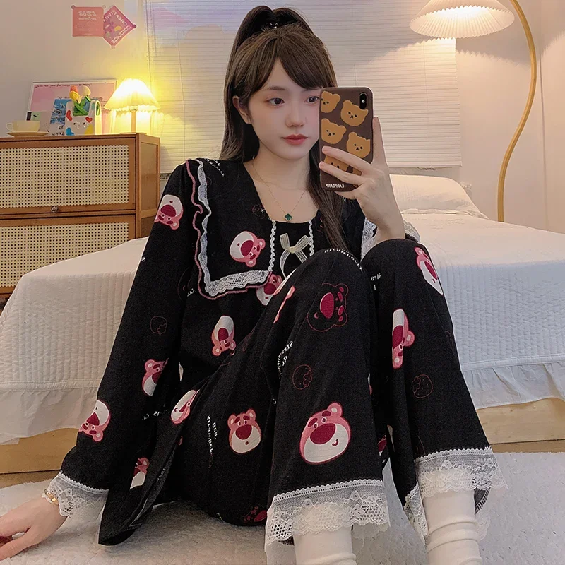 Stitch pajamas cartoon loose women's pure cotton autumn long-sleeved large-size two-piece set Disney loungewear women's pajamas