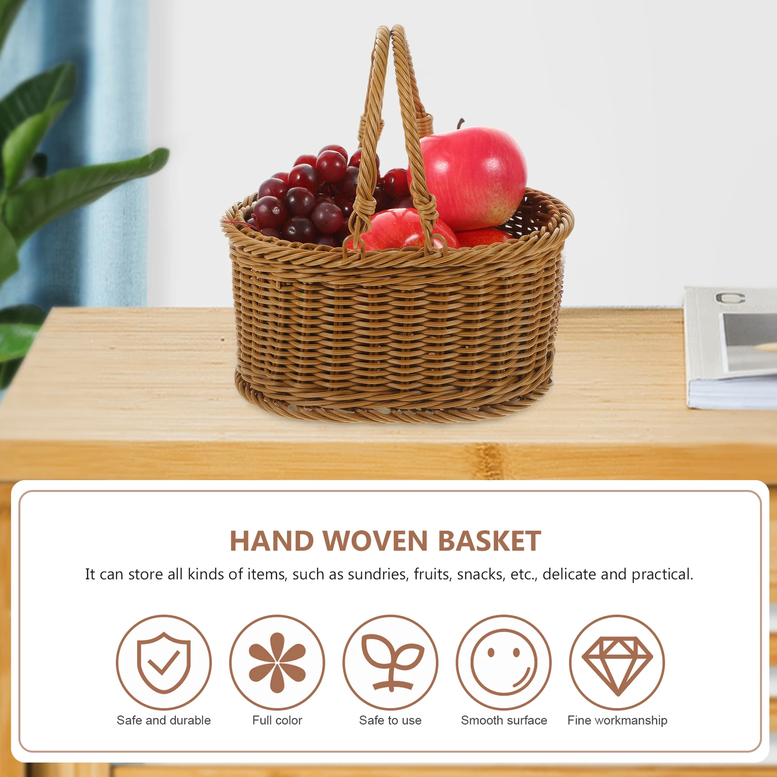 

Vintage Style Handwoven Imitation Rattan Picnic Baskets Pp Material With Handles Outdoor Party Romantic Decoration Fruit