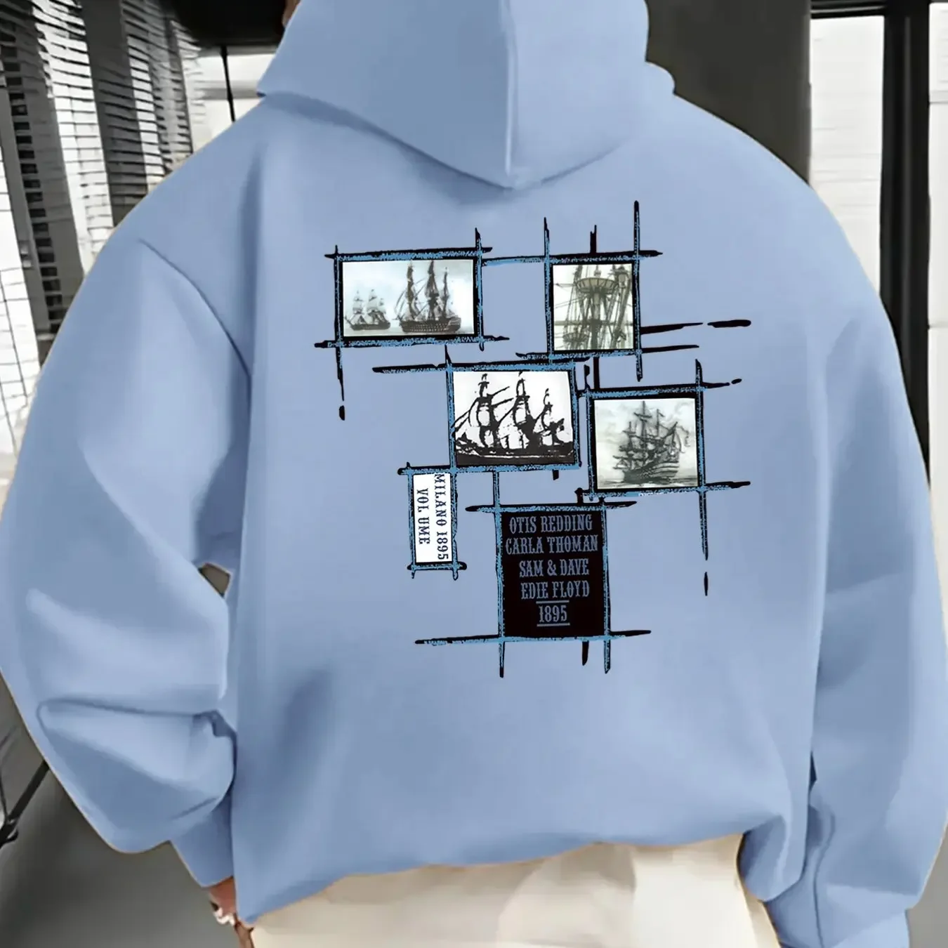 Men Vintage Old‑Ship Collage Frame Back‑Print Hoodie Retro Ocean Sailing Ship Graphic Casual Pullover Sweatshirt