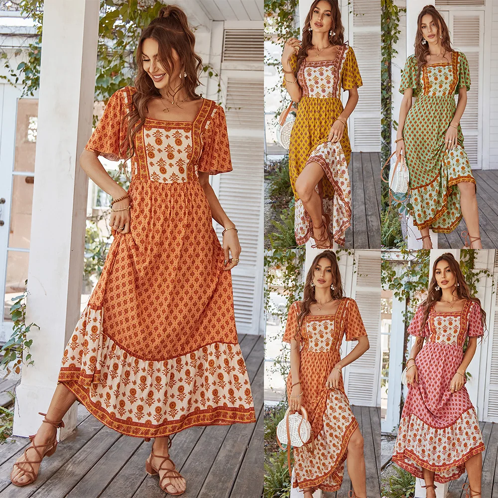 Vintage Boho Floral Damen Sommer Langes Kleid Sexy Quadratischer Kragen Druck Strand Sommerkleid Lässige Urlaub Böhmische Maxikleider