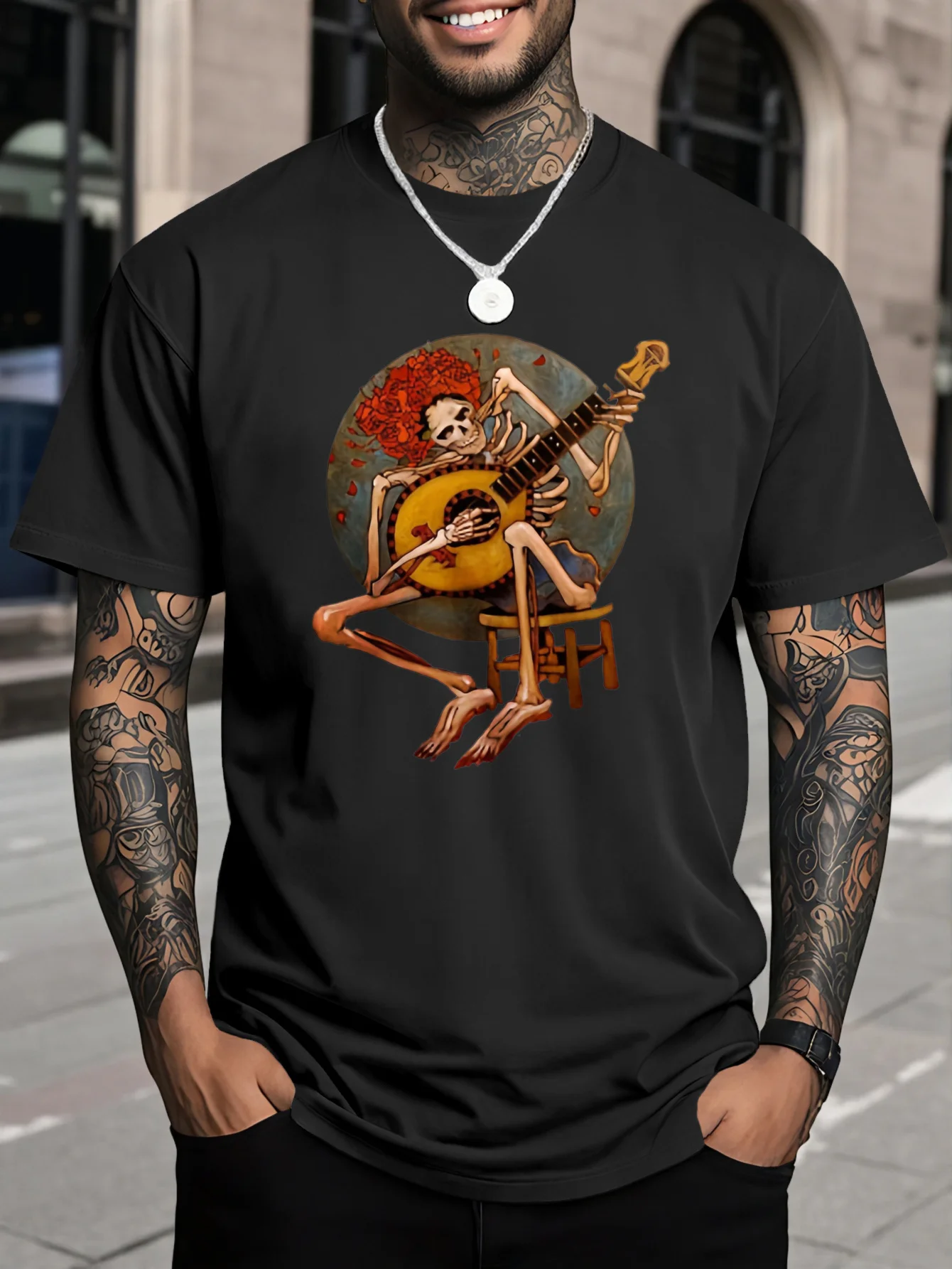 Jerry Grateful Skull Guitarist Retro Music Graphic T-Shirt 100% Cotton O-Neck Short Sleeve Summer Casual Mens T-shirt Streetwear