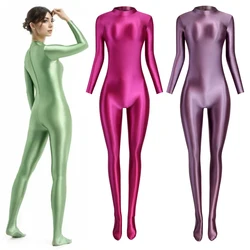 MJINM seksowne błyszczące body obcisłe olejne błyszczące stroje do jogi Zentai Casual rajstopy sportowe Catsuit kombinezon z zamkiem błyskawicznym na plecach kombinezony kombinezony