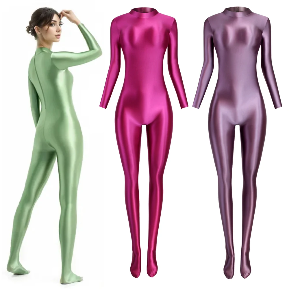 MJINM seksowne błyszczące body obcisłe olejne błyszczące stroje do jogi Zentai Casual rajstopy sportowe Catsuit kombinezon z zamkiem błyskawicznym na plecach kombinezony kombinezony