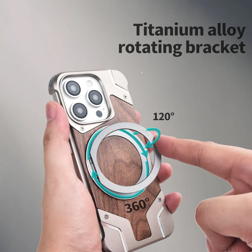 Titanium Alloy Metal Wood Case for iPhone 13 14 15 16 Pro Max 16Plus 360 Rotate Bracket Shockproof Bumper Wireless Charging Case