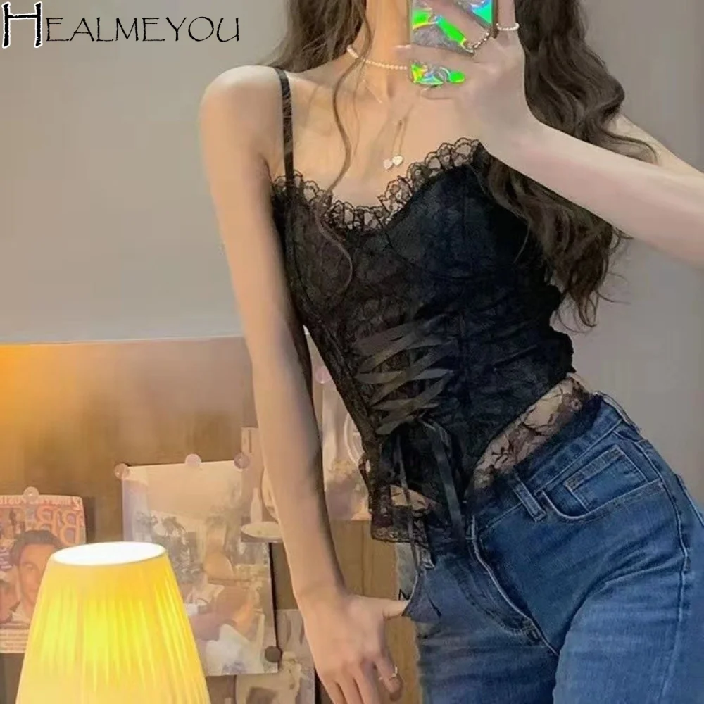 Spicy Girl Style Slim Fit Corset Crop Top Back Beauty Ruffle Sling Tank Top Patchwork Sleeveless Lace-up Vest Party