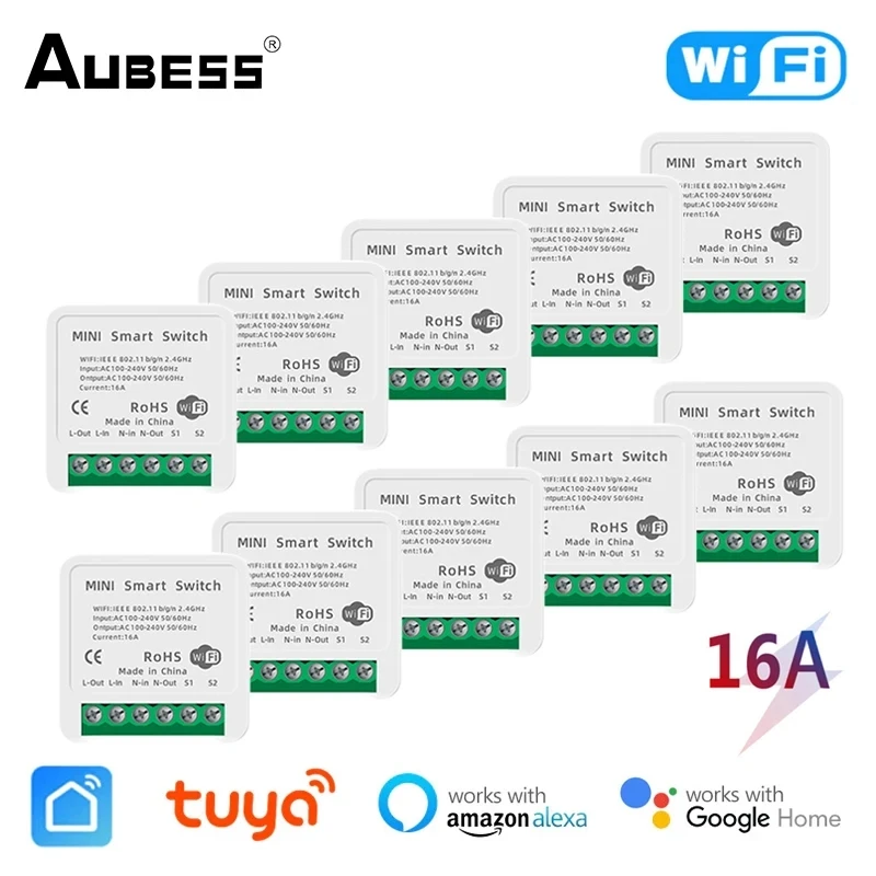 Interruptor inteligente con WiFi para el hogar, y 2 entradas de 2 vías miniinterruptor, compatible con Alexa, Google Home, Yandex, Alice, Tuya, 16A