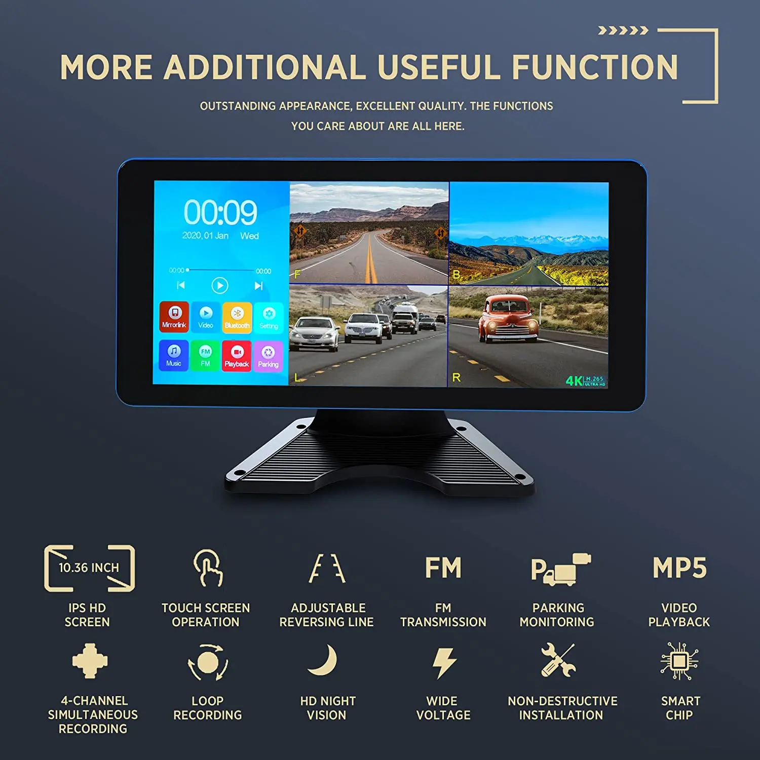 10.36 Inch IPS Touch Screen Multimedia MP5 Player With 4PCS 1080P Camera 4CH DVR Truck Car Dash Cam