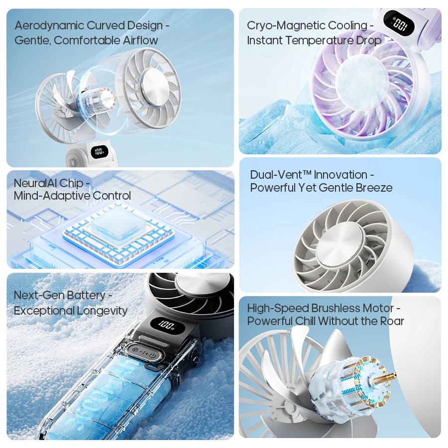 Portable High Speed Handheld Fan 3600mAh Foldable Cooling Fan 100 Speed Mini Rechargeable Fan with LED Digital Display & Lanyard
