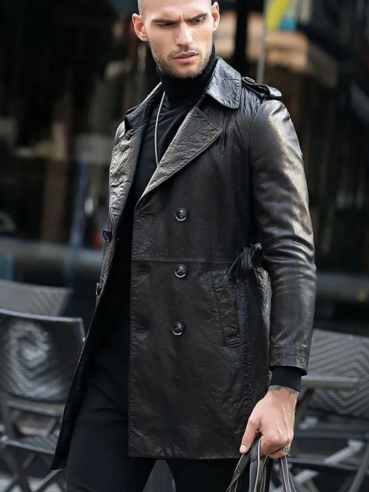 Business Men Work Double Breasted Slim Fit Oil Wax Sheepskin Trench Coat Autumn Long Luxury Genuine Leather Jacket Windbreaker