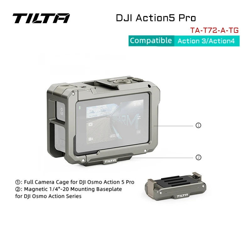 TILTA Voor DJI Osmo Action 5 Pro/4/3 Volledige Camera Kooi met Koude schoen maakt Snelle Batterij Swaps TA-T72-A mogelijk
