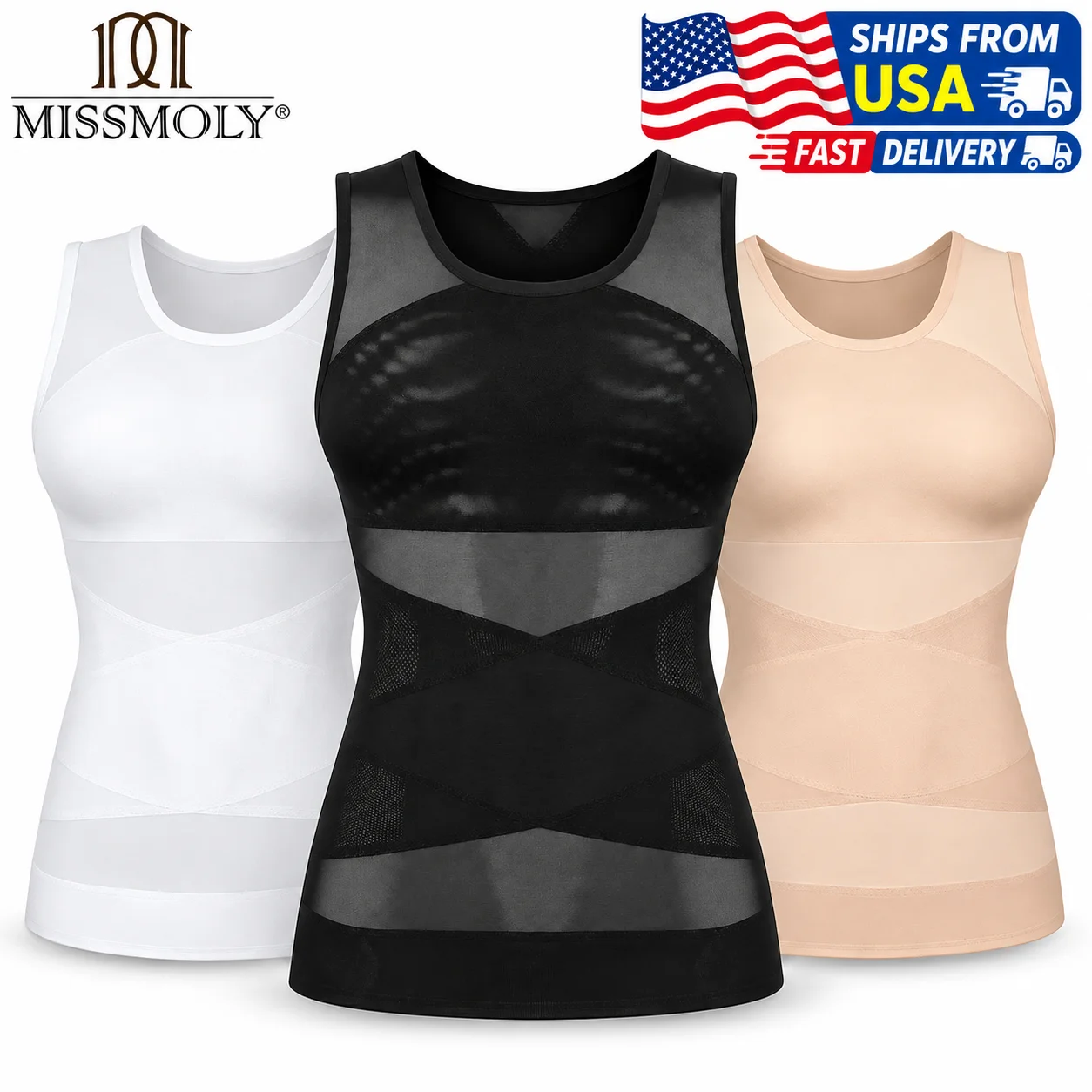 MISSMOLLY Men Breathable Mesh Compression Shirt Shapewear Tummy Control Lightweight Body Shaper Slimming Top Back Support