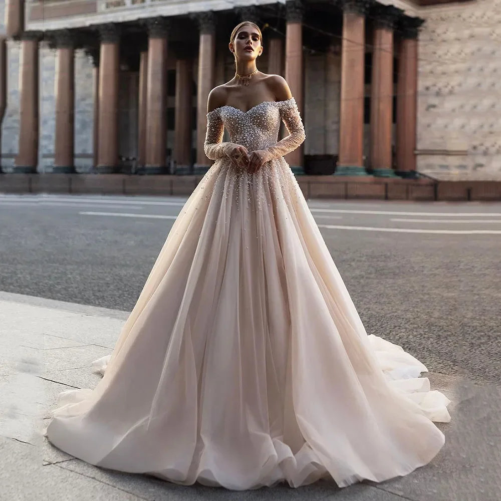 

Customized Ivory Stunning Princess Off The Shoulder Pearl Bespoke Bride Dress Bridal Gown Retro High Quality Elegant Retro High