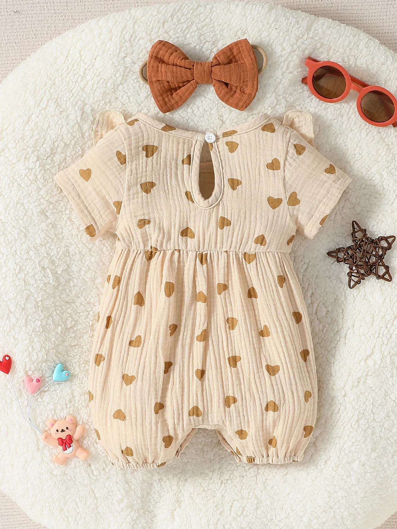 Baby Newborn-9M Short Sleeve Summer 2024 Girl\'s Print HEART With Bow Jumpsuit Streetwear+Headband