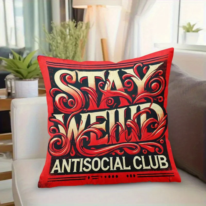 Stay Weird Pillow Case, Red Retro Typography Cushion Cover Cool Street Art Decor, Funny Quote Home Textile Trendy Gift for Teens