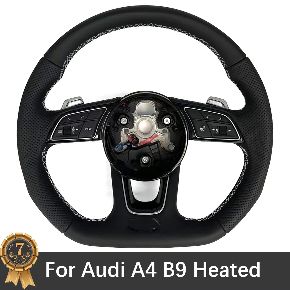 For Audi A4 B9 Punched Leather White Stitching Heated Steering Wheel With Paddles Button S/RS Logo Assembly Accessories