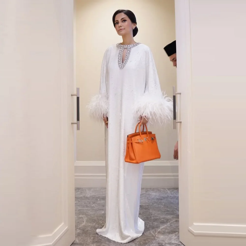 

Customized White Sequin Kaftan Abaya Dress Feather Cuffs Crystal Neckline Muslim Formal Evening Gown for Wedding Party
