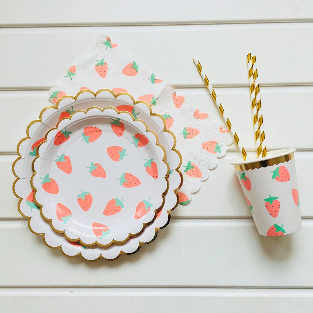 

40Pcs Gilding Strawberry Party Supplies Set Summer Paper Plates Cups Napkins Birthday Wedding Festival Tableware Kit