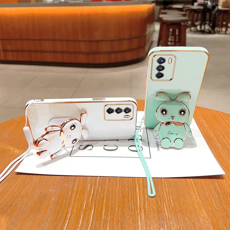 Cute Cartoon Rabbit Fold Stand For OPPO K9 Pro Phone Case With Lanyard Luxury Plating Cover