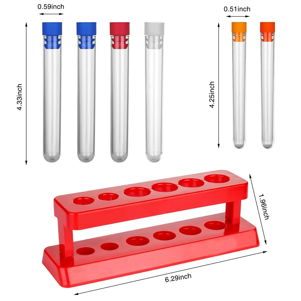 Set of 6 Assorted Color Plastic Test Tube Set with Caps and Rack Scientific Experiment(1 Set)
