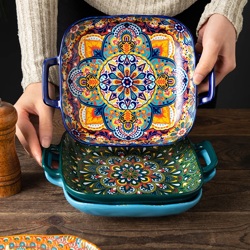 

Bohemian ceramic double-ear square plate with handle, fruit salad plate, multifunctional dish
