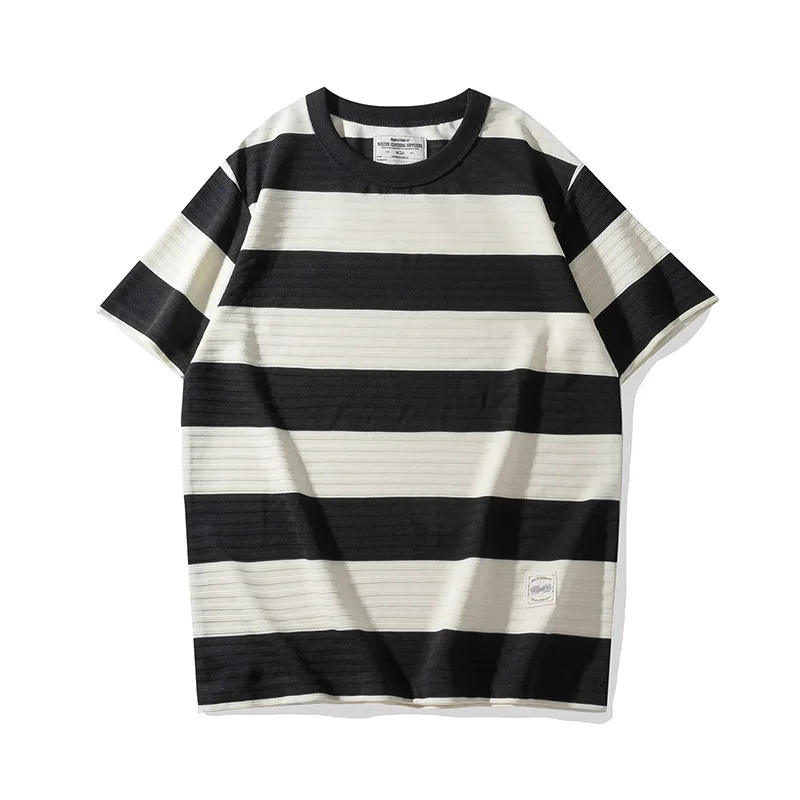 OK4113 Men's Striped Shorts for Summer 280g/m² Good Quality Short Sleeve O-neck Vintage Classical Loose Casual Pullover Tee Male