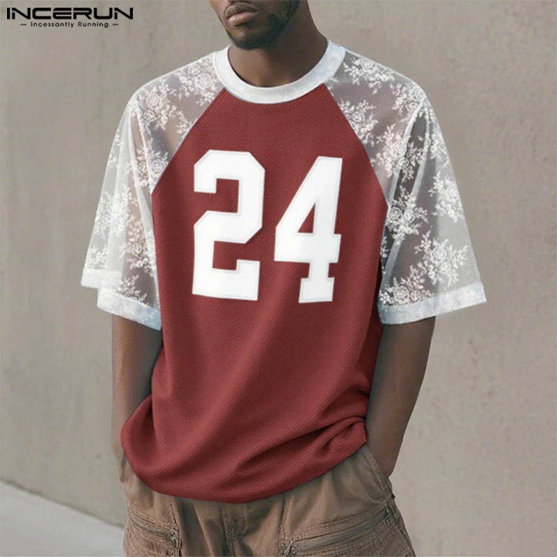 

INCERUN Men T Shirt Lace Patchwork O-neck Half Sleeve Sexy See Through Male Tee Tops Streetwear Summer 2025 Fashion Men Clothing
