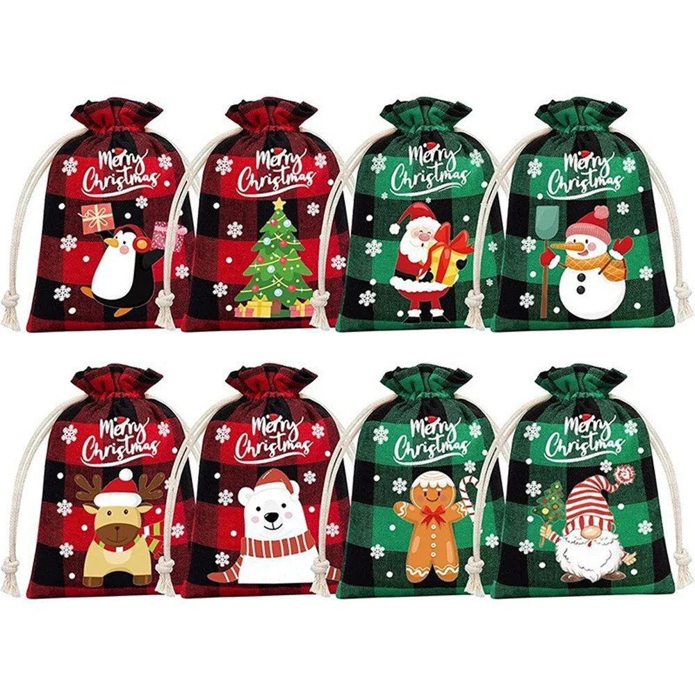 Christmas Linen Bag Xmas Gift Pouch Red Green Drawstring Candy Biscuits Storage Wrapping Boutique Jewelry Bags 2024 New Year