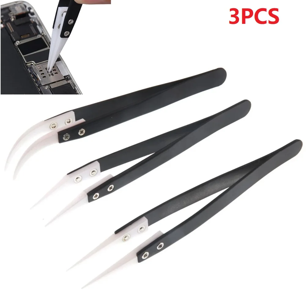 3pcs Ceramic Reverse Tweezers Non Conductive Anti-Static Heat Resistant Tweezers Little Curved/Big Curved/Straight Tweezer