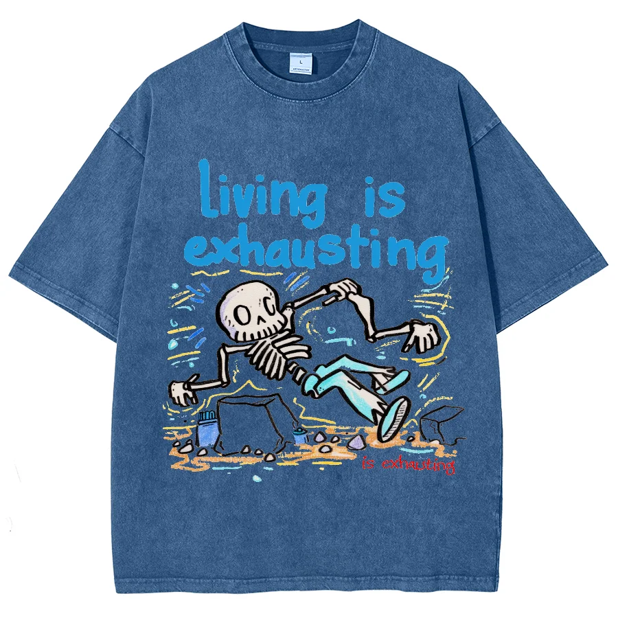 Sad And Scary Skull Bone Print T-Shirt Fashion Designer Trendy New Short-Sleeved High-Gram Weight Round Neck Washed Denim Fabric