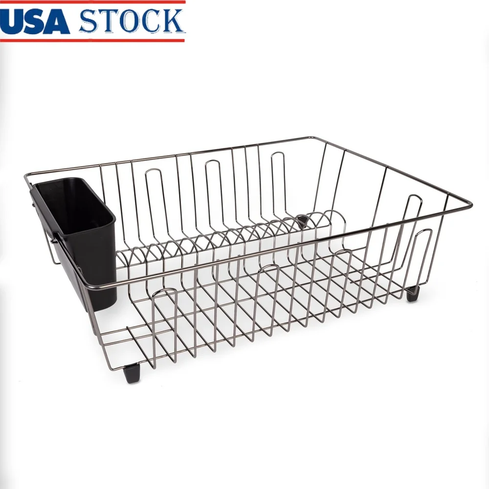 

Large Wire Dish Rack Kitchen Organizer Drying Rack with Cutlery Cup Countertop Storage Black Chrome Rust Resistant Metal