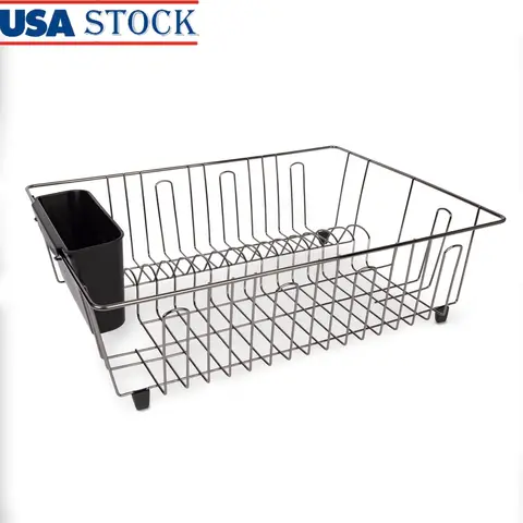 Large Wire Dish Rack Kitchen Organizer Drying Rack with Cutlery Cup Countertop Storage Black Chrome Rust Resistant Metal