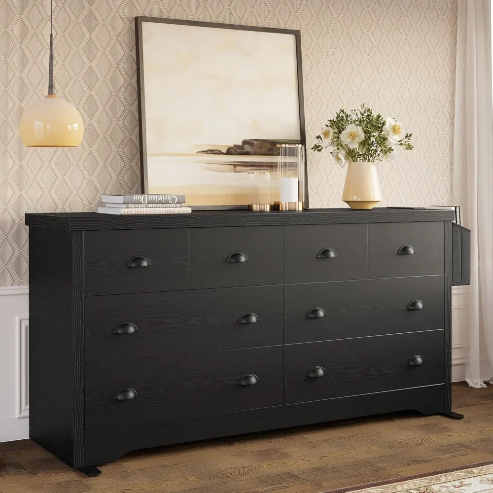 8 Drawer with Charging Station and Storage Bag Wood Storage Chest of Drawers for Bedroom Living Room Hallway Entryway