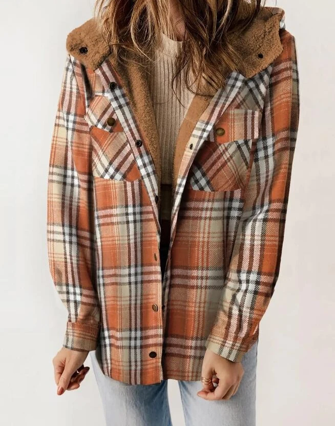 سترة نسائية لخريف وشتاء 2025 ذات مربعات وأكمام طويلة وغطاء للرأس مع جيوب #4