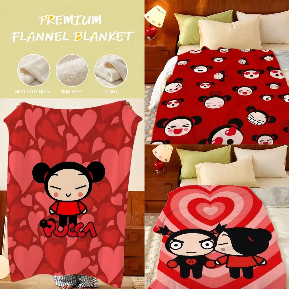 Anime Pucca Throw Plush Flannel Throw Blanket, Sofa Bed Travel Picnic Home Textile Decor