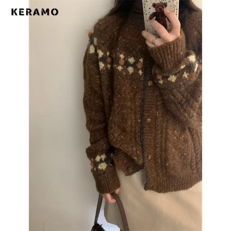 2023 Winter Casual Long Sleeve Office Lady Knitting Cardigans Women\'s Fashion Round Neck Dot Printting Elegant Sweater Top