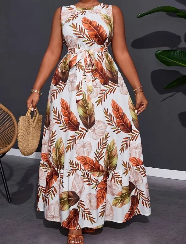 

Round Neck Long Dress with Sleeveless Floral Print Waistband and High Waisted Dress