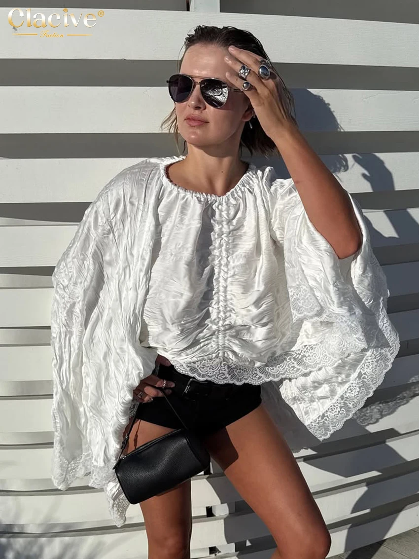 

Clacive Fashion Loose White Women's Shirt 2026 Casual O-Neck Long Sleeve Shirts Elegant Classic Lace Spliced Top Female Clothing