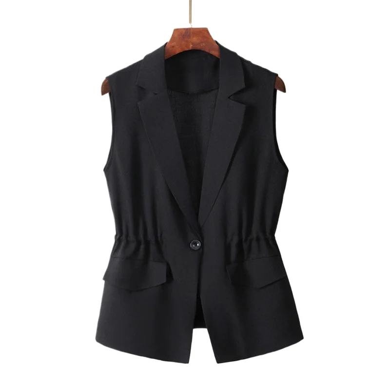 

TRAF 2024 Summer New Korean Fashion Solid Notched Collar Sleeveless Waistcoat Female Slim Cardigan Vests Tops Blouse