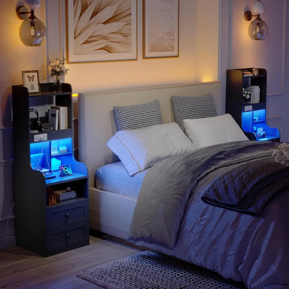 Station and LED Lights Black Nightstand with 2 Drawers and Shelves Large LED Nightstand