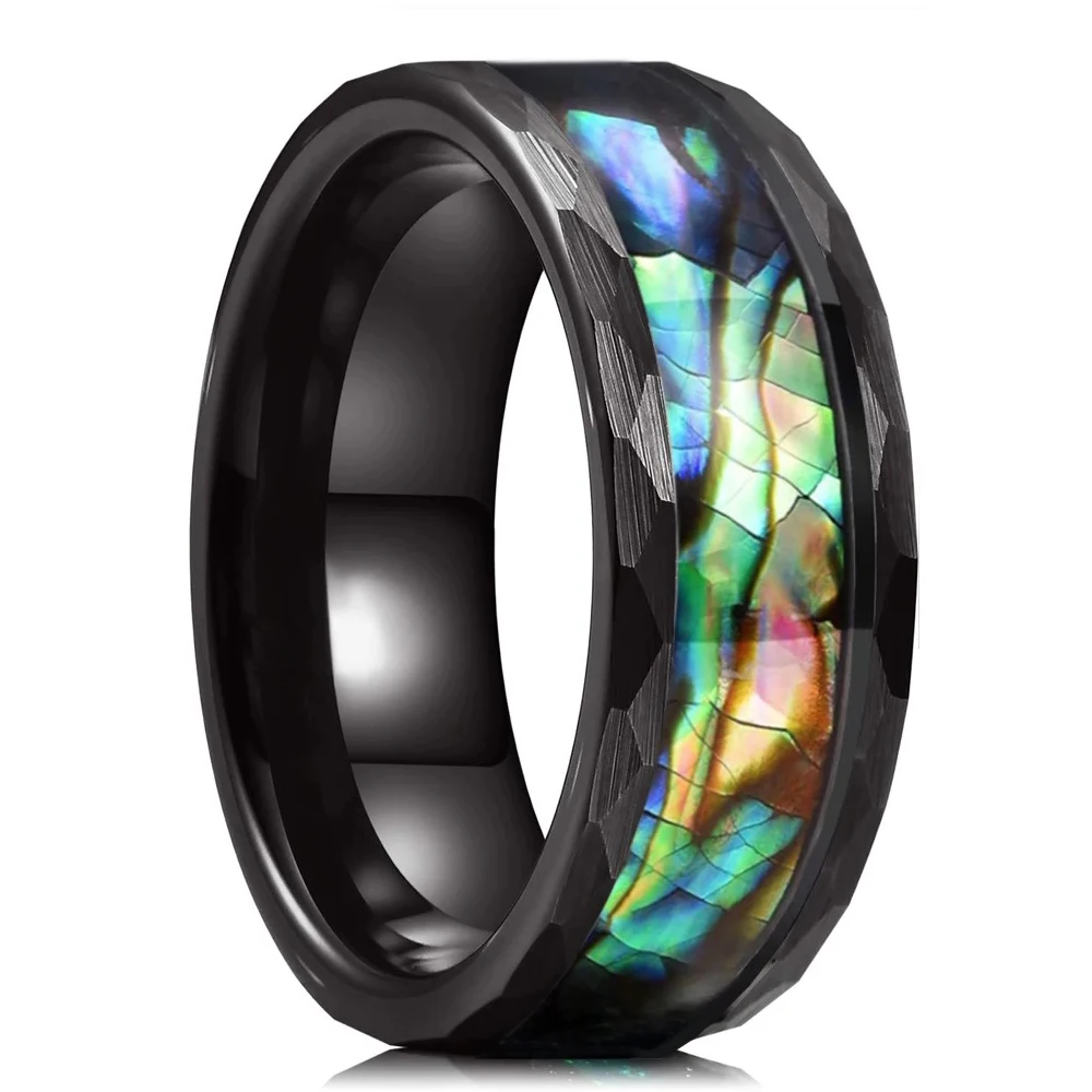 Fashion 8mm Hammered Stainless Steel Rings For Men Inlaid Koa Wood Abalone Shell Rings Men Engagement Wedding Jewelry