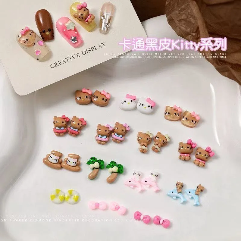 70/50Pcs Hello Kitty Cat Nail Charms Cute Mix Color 3D Heart and Bowtie Nail Art Accessories for a Stylish and Adorable Manicure