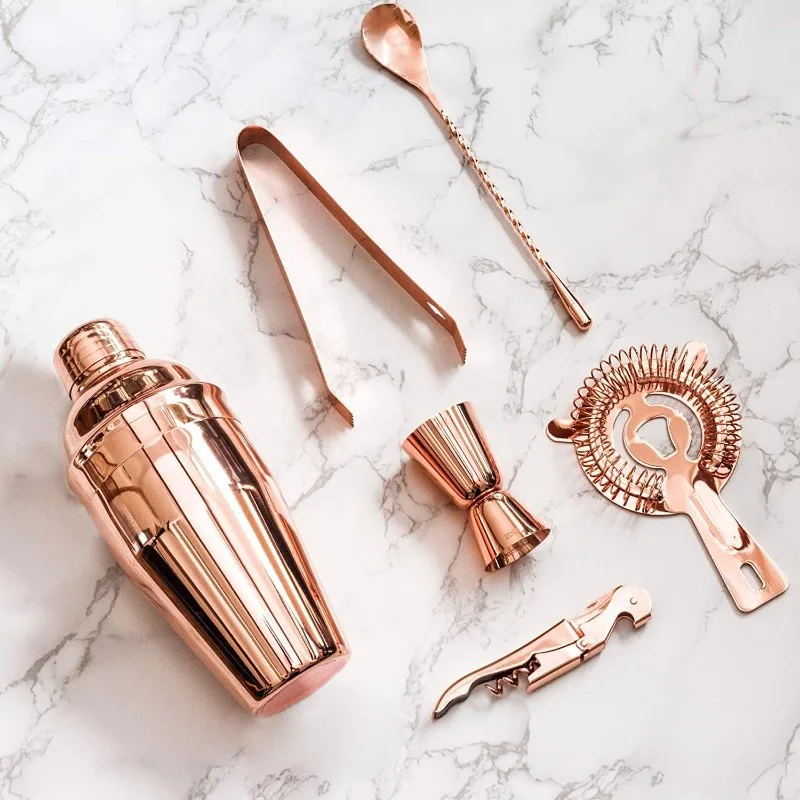 7-pcs Rose Gold Boston Cocktail Shaker Kit, Stainless Steel Luxury Bartender Tools With Bamboo Stand  Bar Party Supplie