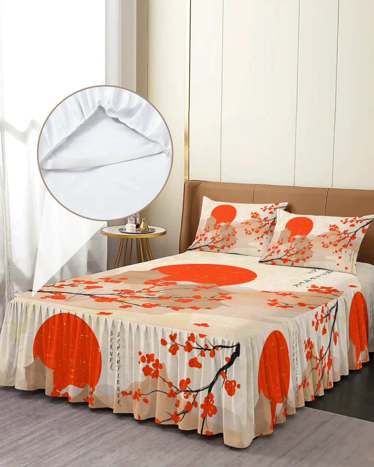 Flower Cherry Blossom Sun River Retro Bed Skirt Elastic Fitted Bedspread With Pillowcases Mattress Cover Bedding Set Bed Sheet