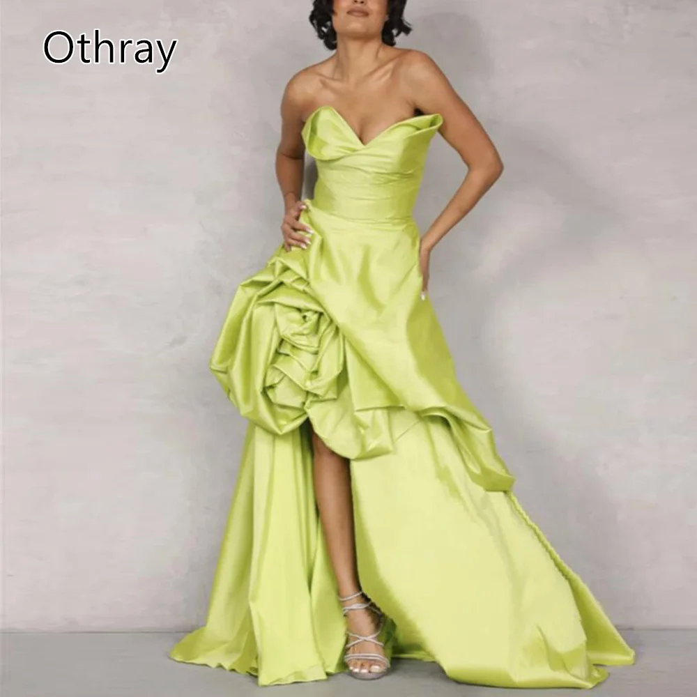 Othray Fashion Satin Evening Dresses 3D Rose Women Formal Long Prom Gowns Hi Low Green Wedding Party De Soirée 2025