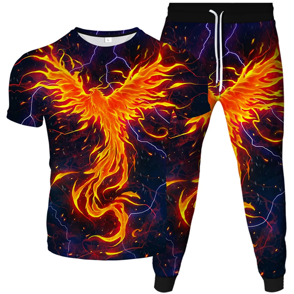 Mens Women Fashion 3D Tracksuit T-Shirt+Trousers Sets Flame Phoenix Gossip Yin Yang Skull Print Male Oversized Clothing Suit 6XL