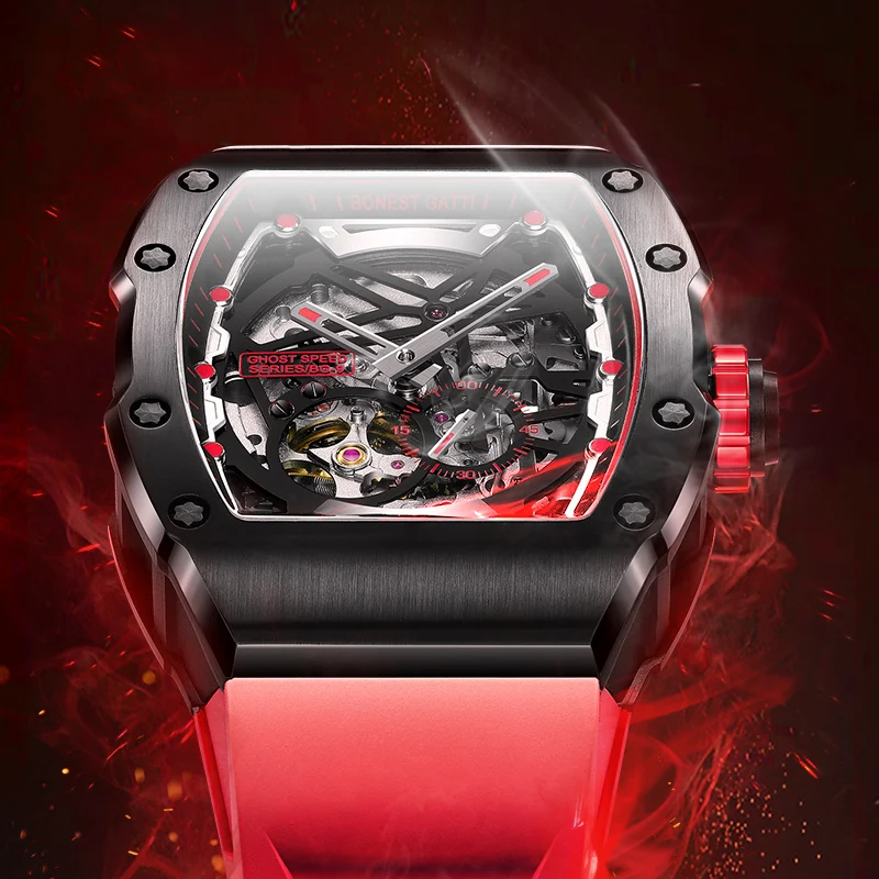 

BONEST GATTI Автоматические часы Элитный бренд Tonneau Case Механические наручные часы Светящиеся часы со скелетонизированным циферблатом для мужчин