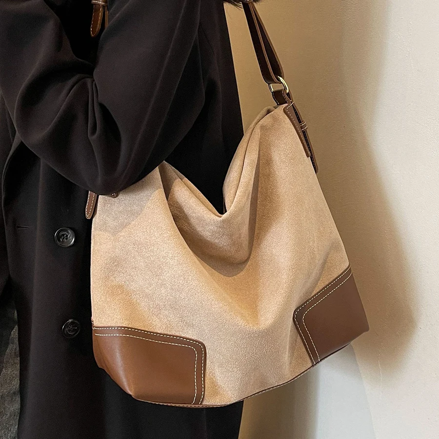 

Suede single-shoulder large bag for women summer new style versatile patchwork tote bag, large-capacity commuter bucket bags sac