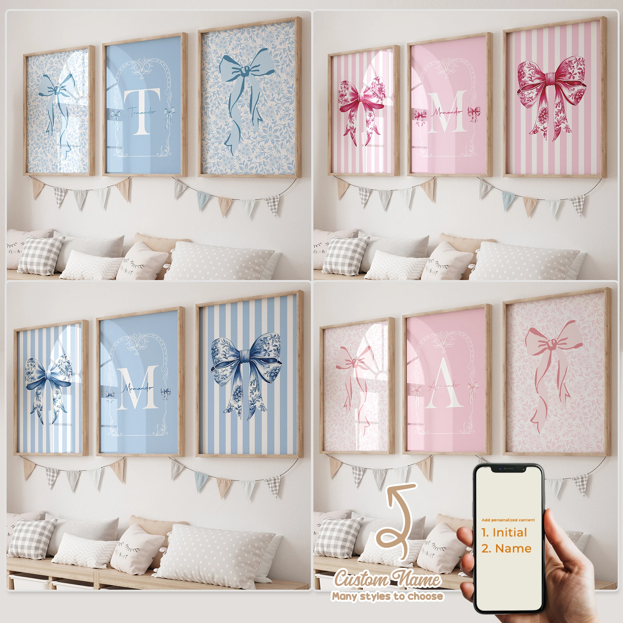 3pcs Personalized Custom Name Cartoon Child Bow Wall Art Print Picture Canvas Poster Painting For Living Room Home Decor