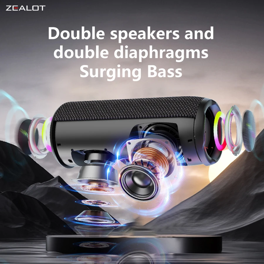 Zealot S49 pro Wireless Speaker,Outdoor Portable Subwoofer Speaker Waterproof IPX 6,, Dual Pairing,3000mAh.